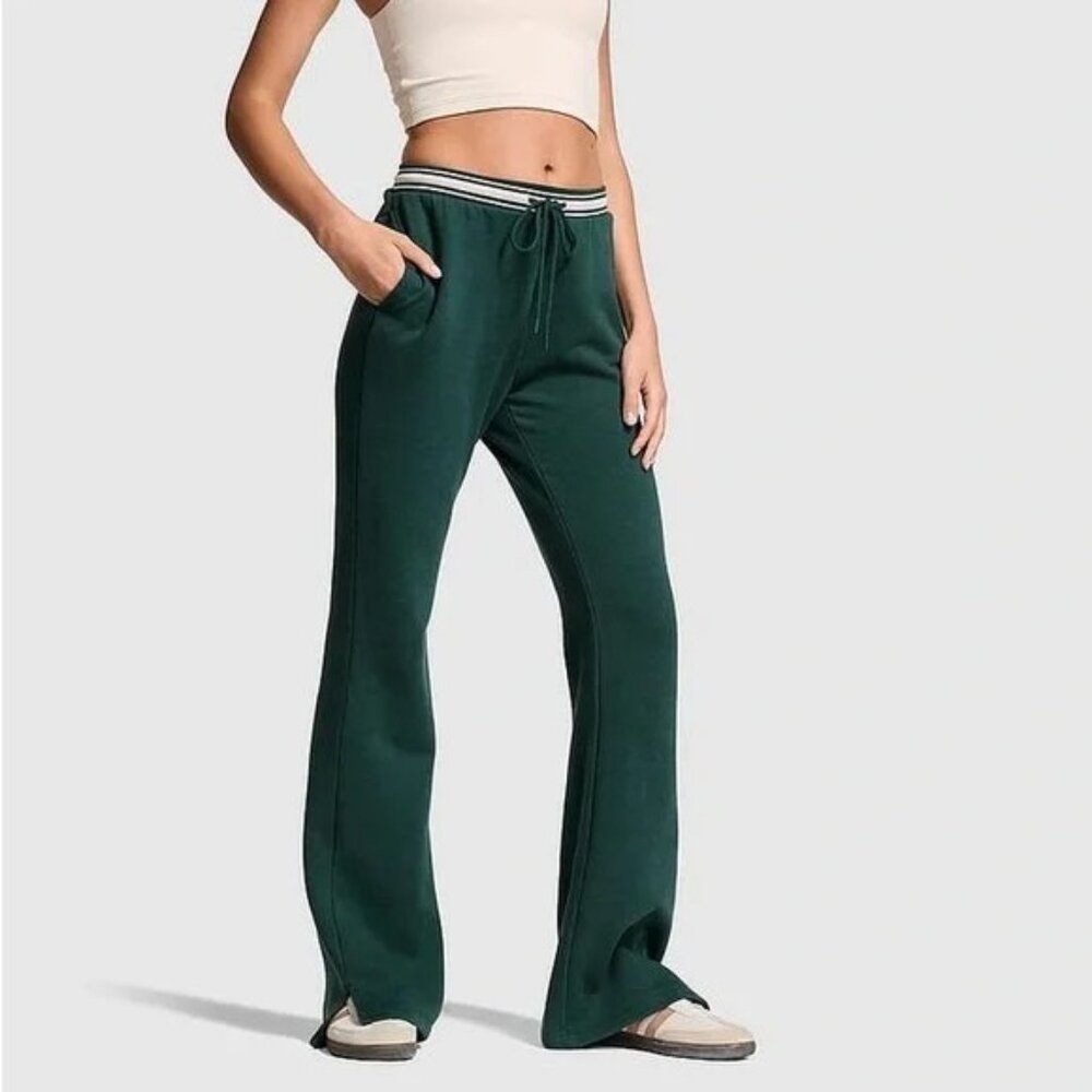 NWT PINK Ivy Fleece Split-Hem Flare Sweatpants - Dark Green & White - Large